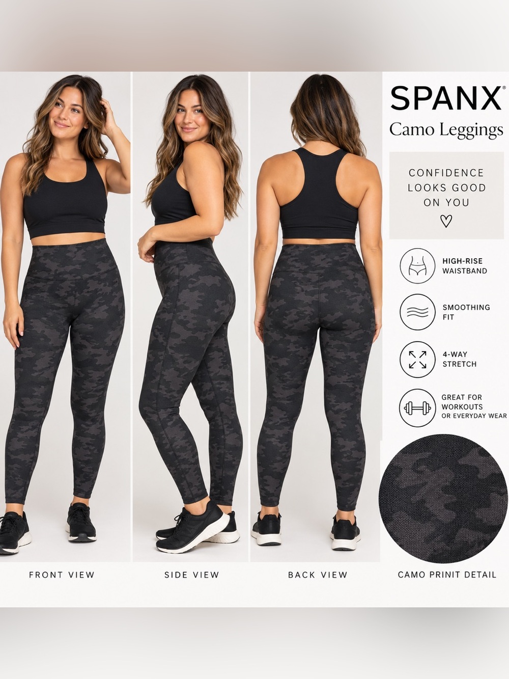 SPANX Camo Leggings XL Black Gray High Rise Full Length Activewear